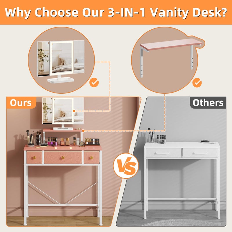 HIGDBFE Small Makeup Vanity Desk 27.5''W with Mirror and Lights, Vanity Desk with 3 Fabric Drawers and Height-Adjustable Stand, Vanity Table for Girls Gifts, Bedroom and Small Spaces, Pink - Image 2