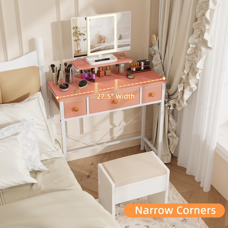 HIGDBFE Small Makeup Vanity Desk 27.5''W with Mirror and Lights, Vanity Desk with 3 Fabric Drawers and Height-Adjustable Stand, Vanity Table for Girls Gifts, Bedroom and Small Spaces, Pink - Image 3