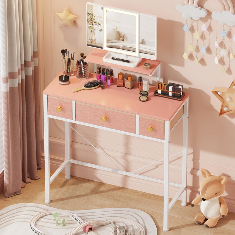 HIGDBFE Small Makeup Vanity Desk 27.5''W with Mirror and Lights, Vanity Desk with 3 Fabric Drawers and Height-Adjustable Stand, Vanity Table for Girls Gifts, Bedroom and Small Spaces, Pink - Image 1