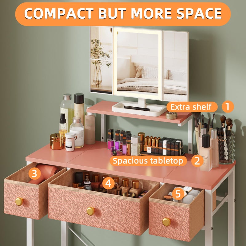 HIGDBFE Small Makeup Vanity Desk 27.5''W with Mirror and Lights, Vanity Desk with 3 Fabric Drawers and Height-Adjustable Stand, Vanity Table for Girls Gifts, Bedroom and Small Spaces, Pink - Image 5