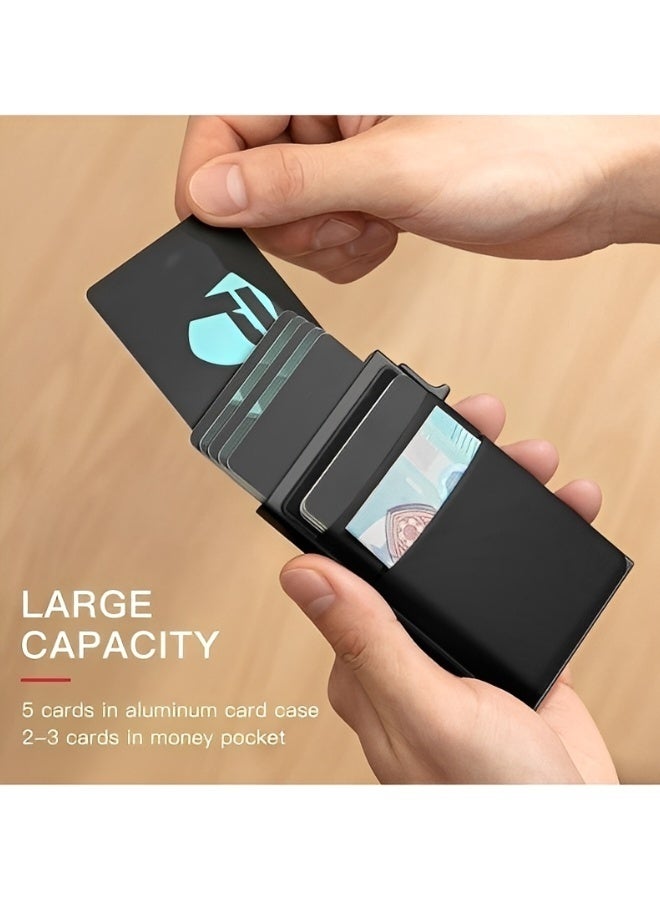 Card Holder Wallet Minimalist Pop Up Wallet for Men RFID Blocking Slim Business Credit Card Wallet with Money Pocket Aluminum Metal Bank Card Case Black Design for Air tag Cash Coins and Credit Cards - Image 3