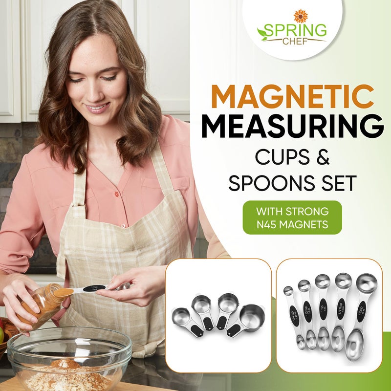 Spring Chef Magnetic Measuring Cups & Spoons Set, Patented, Strong N45 Magnets, Heavy Duty Stainless Steel Fits in Spice Jars for Baking & Cooking, BPA Free, Round Set of 9, Black - Image 2