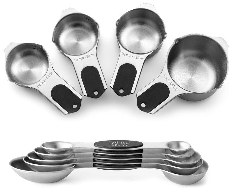 Spring Chef Magnetic Measuring Cups & Spoons Set, Patented, Strong N45 Magnets, Heavy Duty Stainless Steel Fits in Spice Jars for Baking & Cooking, BPA Free, Round Set of 9, Black - Image 1