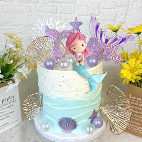 DRWATE Mermaid Cake Toppers with 3D Mermaid Shell Starfish Fishtail Balls for Kids Girls Birthday Party Baby Shower Supplies (Style1) - Image 4
