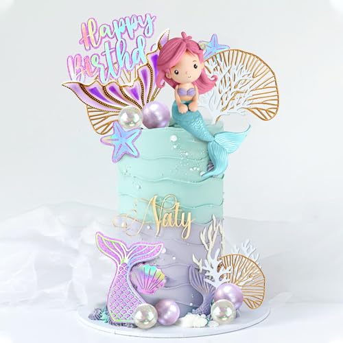 DRWATE Mermaid Cake Toppers with 3D Mermaid Shell Starfish Fishtail Balls for Kids Girls Birthday Party Baby Shower Supplies (Style1) - Image 5