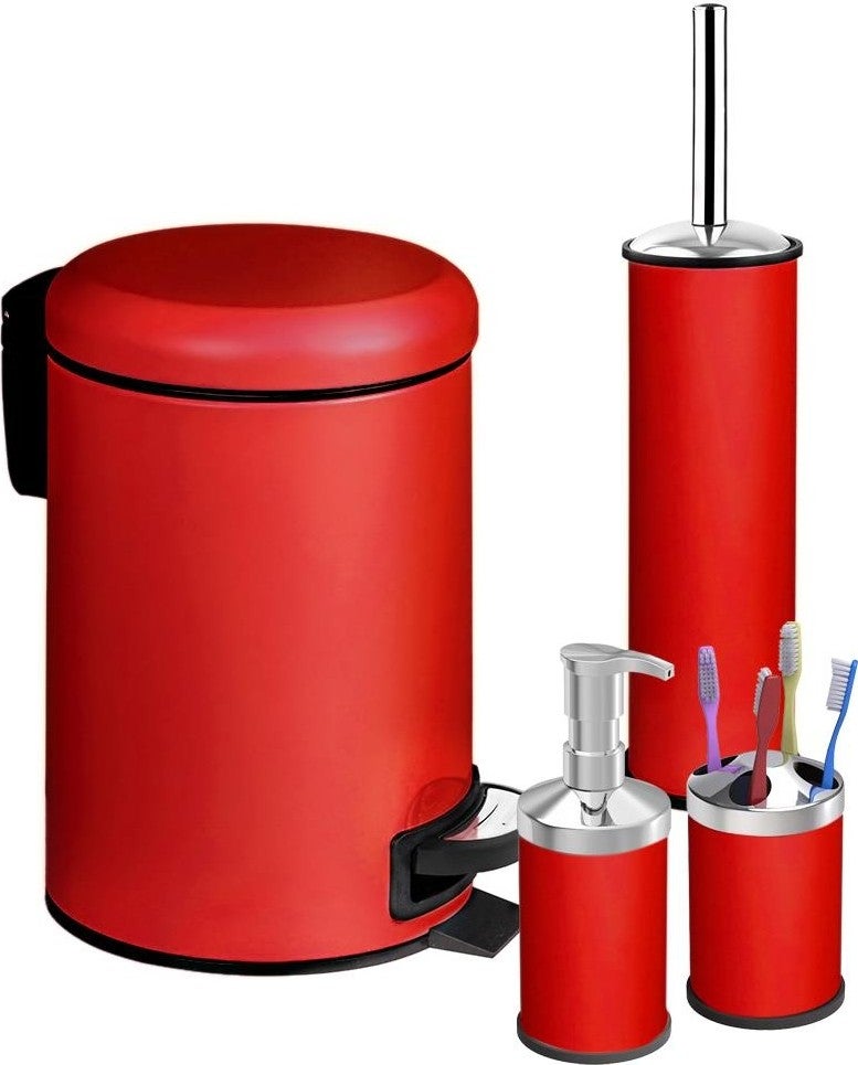 Siliwax Elite Series 4-Piece Bathroom Set Trash Can WC Brush Soap Dish Toothbrush Holder - Red (3 Lt) (Soft Close)