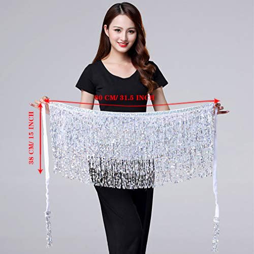 Fenyong Women's Sequin Tassel Skirts Sparkly Rave Fringe Hip Scarf for Festival Costume(Silver) - Image 2