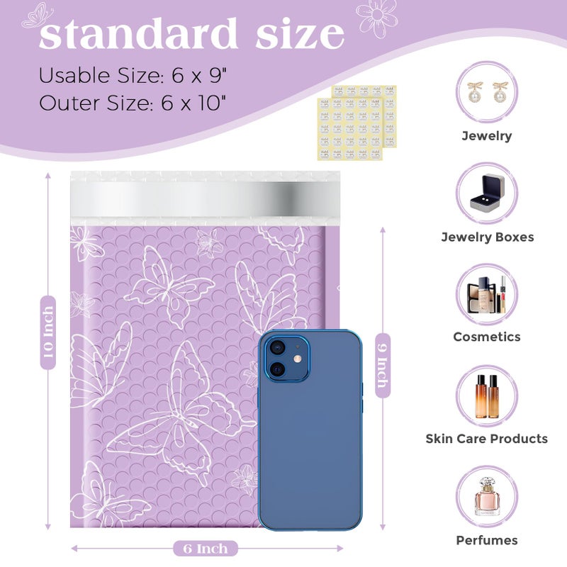 Metronic Bubble Mailers 6x10" 50 Pack Usable Size 6x9, Waterproof Padded Envelopes for Small Business, Self Seal Mailing Bubble Envelopes, Padded Mailers for Gifts Packaging, Shipping Purple Butterfly - Image 2