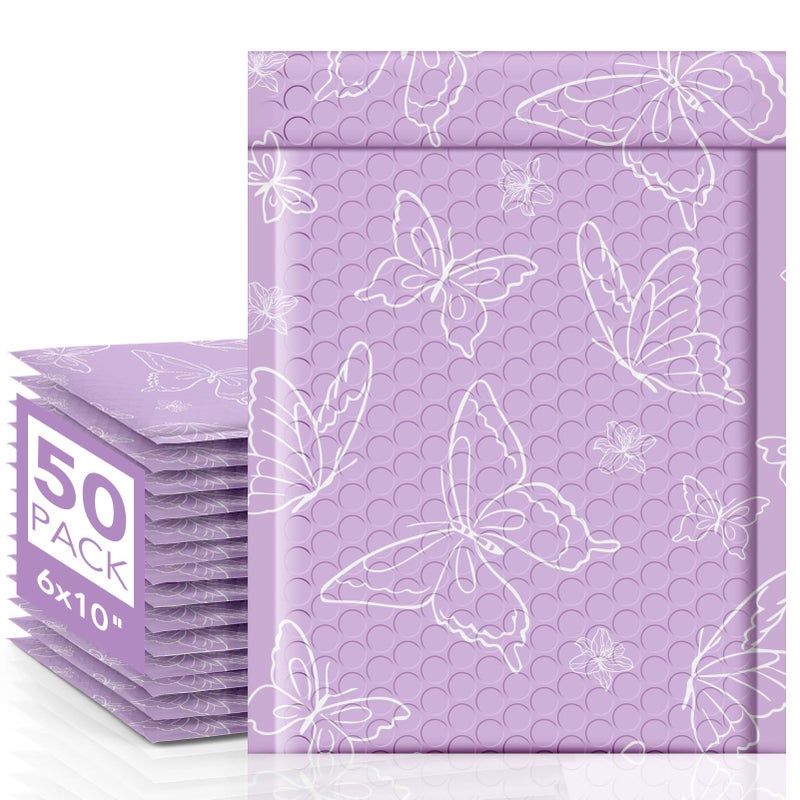 Metronic Bubble Mailers 6x10" 50 Pack Usable Size 6x9, Waterproof Padded Envelopes for Small Business, Self Seal Mailing Bubble Envelopes, Padded Mailers for Gifts Packaging, Shipping Purple Butterfly - Image 1