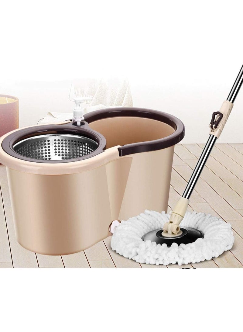 HOME 4 YOU Home Essential Spin Mop Bucket Set Microfibre Floor Spin Mop and Bucket Set with 2 Super Absorbent Reusable Mop Heads, 6L Mop Bucket with Stainless Steel Mop Bucket With Wringer Brown. - Image 1