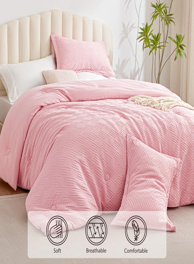 EXQ Home طقم لحاف وافل من إي إكس كيو هوم، مقاس كوين - طقم لحاف فائق النعومة بتصميم منقوش، 3 قطع، طقم مفروشات سرير وردي بنمط ماسي ثلاثي الأبعاد، طقم سرير شتوي دافئ، لحاف واحد مع 2 غطاء وسادة - Image 2