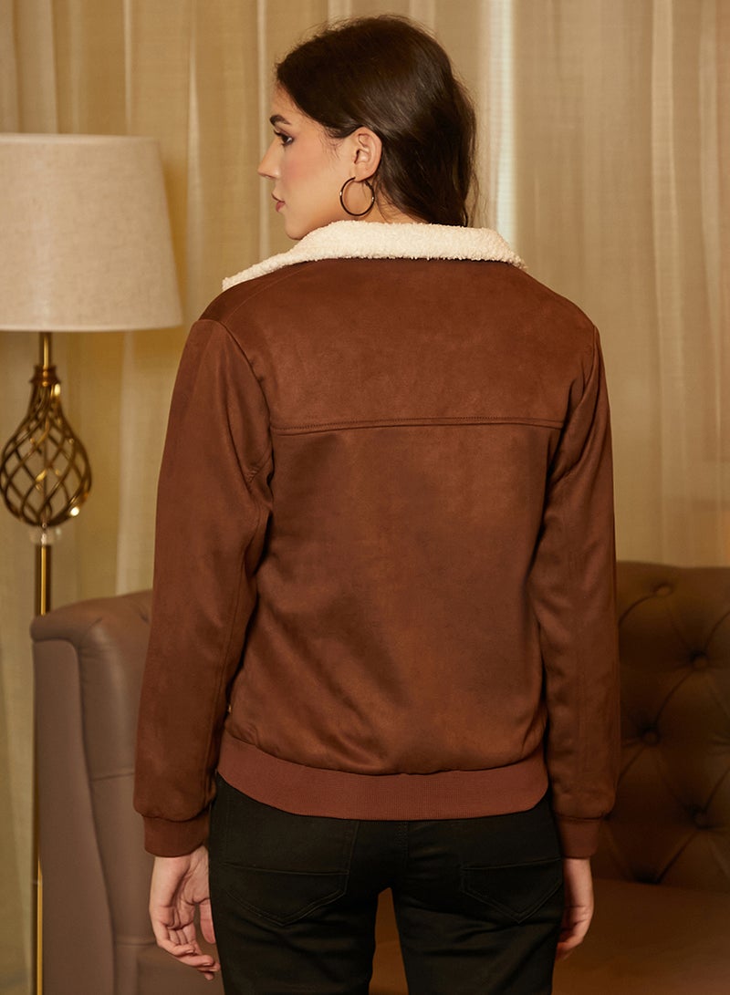 Campus Sutra Women's Chocolate Brown & Daisy White Fleece-Lined Biker Jacket  - Image 5