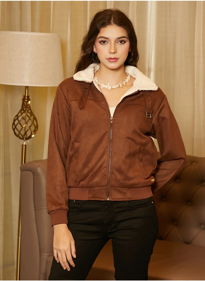 كامبوس سوترا Women's Chocolate Brown & Daisy White Fleece-Lined Biker Jacket