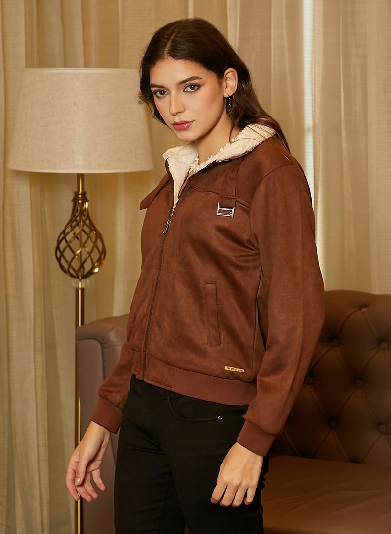 Campus Sutra Women's Chocolate Brown & Daisy White Fleece-Lined Biker Jacket  - Image 3