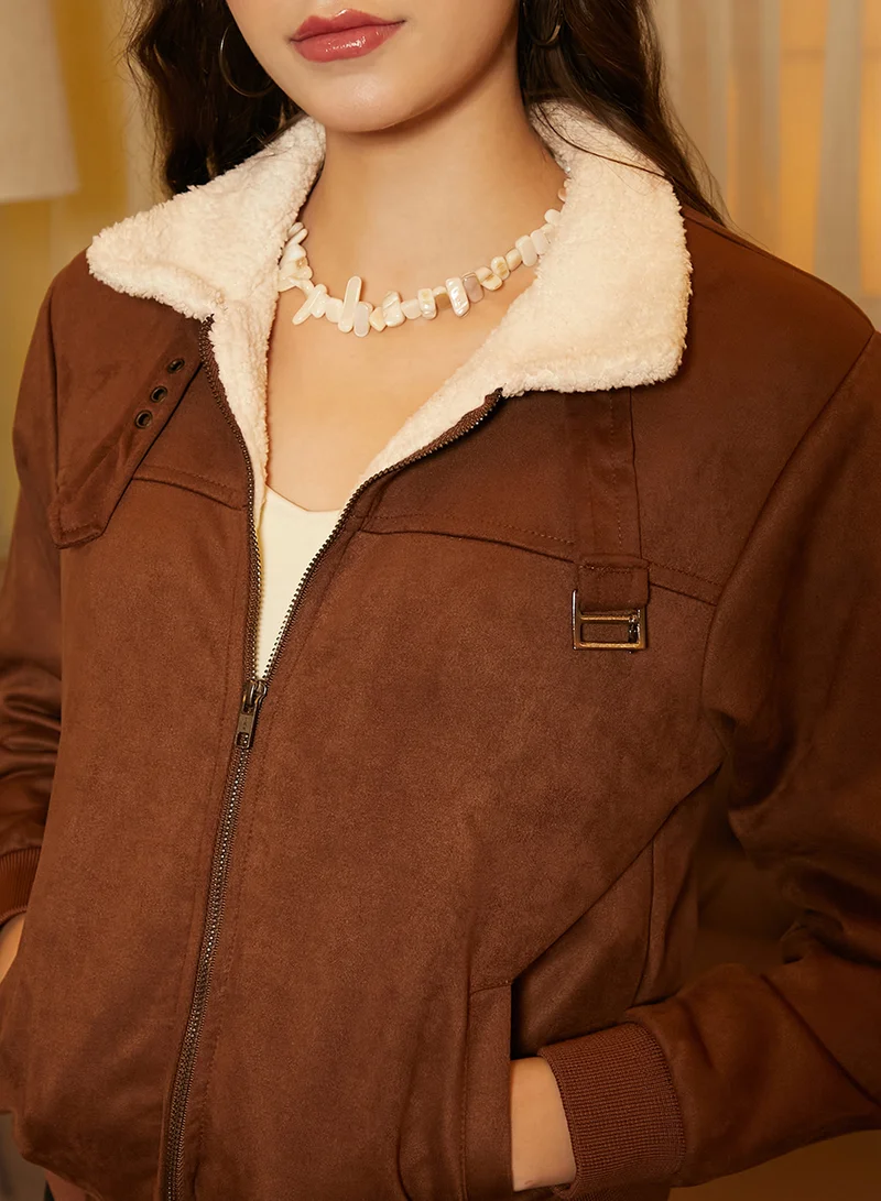 Campus Sutra Women's Chocolate Brown & Daisy White Fleece-Lined Biker Jacket