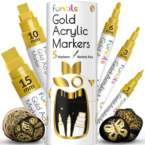 Funcils 5 Acrylic Gold Paint Pen Metallic - Gold Marker Metallic Paint for Wood, Fabric, Canvas, Leaf, Tire, Metal, Glass - Permanent Pen Fine Tip, Thin Point & Jumbo (1mm, 3mm, 6mm, 10mm, 15mm) - Image 1