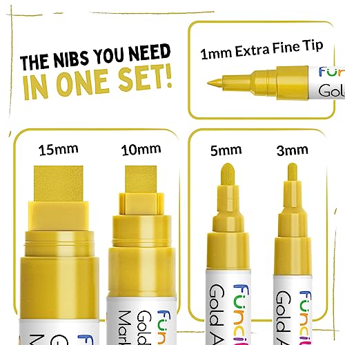 Funcils 5 Acrylic Gold Paint Pen Metallic - Gold Marker Metallic Paint for Wood, Fabric, Canvas, Leaf, Tire, Metal, Glass - Permanent Pen Fine Tip, Thin Point & Jumbo (1mm, 3mm, 6mm, 10mm, 15mm) - Image 2