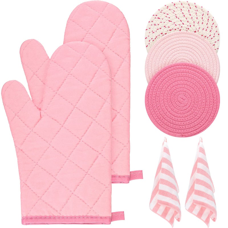 Zubebe Oven Mitts and Pot Holders with Kitchen Towels Set of 7, Valentine Gift for Women Heat Resistant Oven Gloves Hot Pads Kitchen Hand Towels for Cooking Baking(Pink) - Image 1