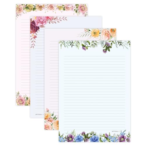 ARTYSCALE A4 Designer Paper Sheets – 100 GSM Writing Paper – One Side Ruled One Side Blank – For School Projects, Assignments, Office Use & Printing – Floral Theme – 25 each design (100 Sheets) - Image 1