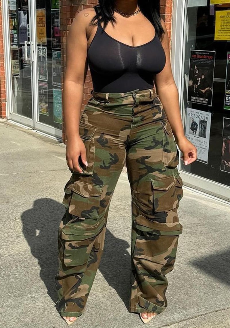 LKOUS Womenâ€™s Cargo Baggy Straight Jeans Streetwear Y2K High Waist Wide Leg Denim Pants with Multiple Pockets Camo - Image 2