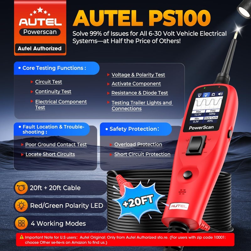 Autel PowerScan PS100 Automotive Circuit Tester 2.0, 12-24V Power Circuit Probe Tool, Electrical Short Open Circuit Finder, AC/DC/Resistance/Component/Signal/Test Light Automotive, 20ft Extension Cord - Image 2