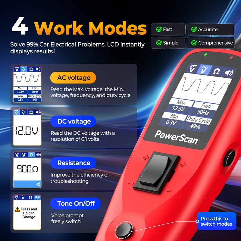 Autel PowerScan PS100 Automotive Circuit Tester 2.0, 12-24V Power Circuit Probe Tool, Electrical Short Open Circuit Finder, AC/DC/Resistance/Component/Signal/Test Light Automotive, 20ft Extension Cord - Image 3