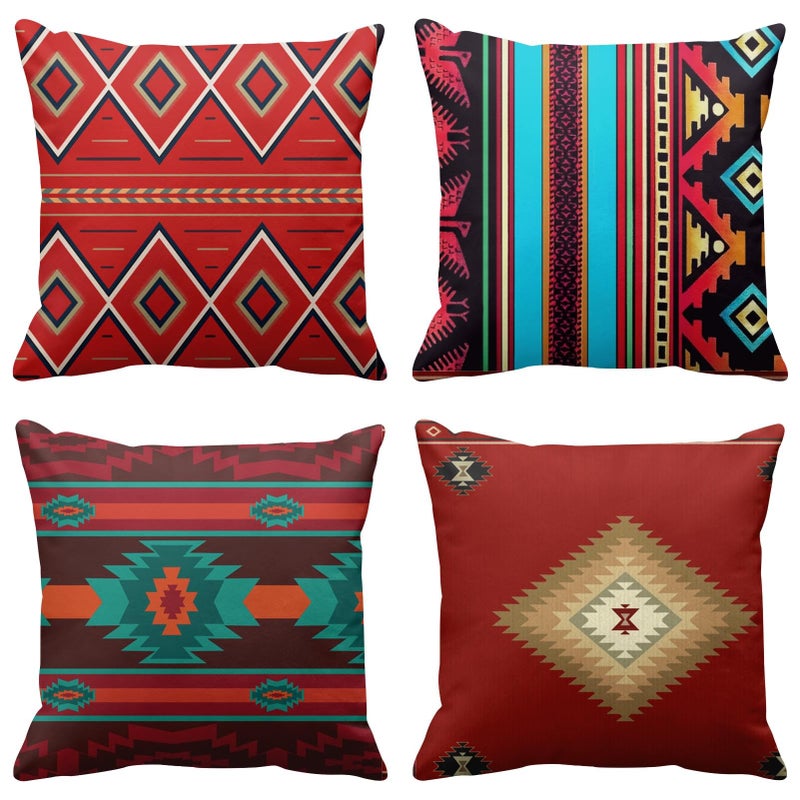 ArtSocket Set of 4 Throw Pillow Covers South Southwest Western Tribal Red Native Home Cultural Geometric Hue Country Decorative Pillow Cases Home Decor Square 20x20 Inches Pillowcases