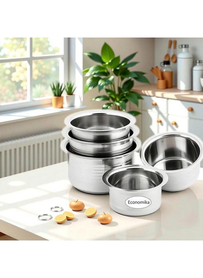 KCL KCL Stainless Steel - Ekonomica Tope Cookware Set | Flat Bottom Tope Set for Kitchen | Multipurpose Steel Bhagona for Home | Induction Compatible | 5 Various Size - 2000, 1500, 1000, 750 & 500 ml  - Image 2