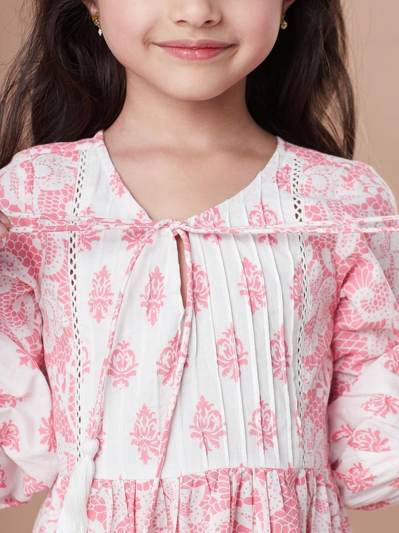 Pspeaches Girls Tiered Floral Print Tie-Up Neck A-Line Midi Cotton Dress (Pink-8-10Y) - Image 2