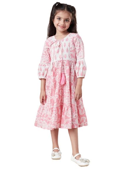 Pspeaches Girls Tiered Floral Print Tie-Up Neck A-Line Midi Cotton Dress (Pink-8-10Y) - Image 1
