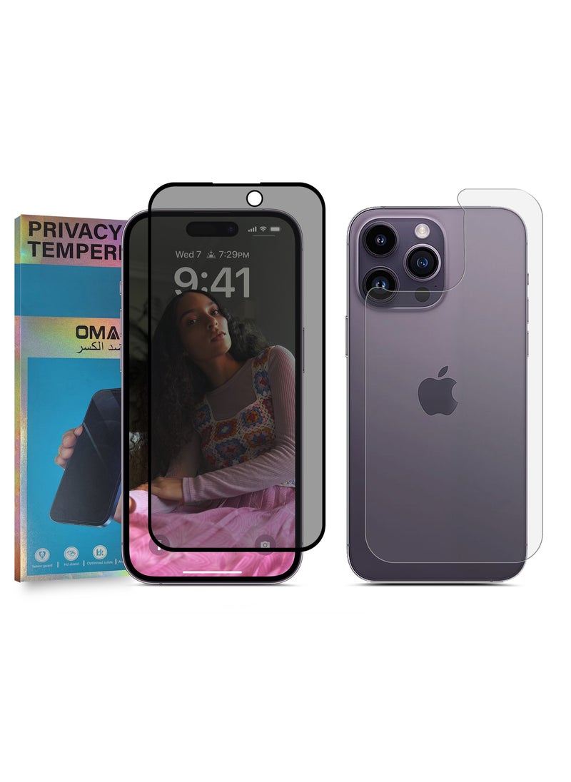 OMAKER Omaker 2 in 1 Privacy Tempered Glass Screen Protector for Apple iPhone 14 Pro Max - Front and Back Protection 0.3mm Thickness Bubble-Free Installation  - Image 1