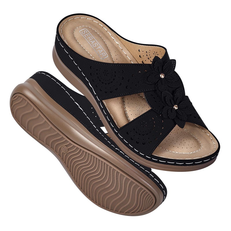 SERASTAR Dressy Flat Sandals for Women - Black Arch Support Comfortable Walking Slip on Summer Casual Beach Wide Width Flower Cute Womens flats Slide Sandal Outdoor Shoes Size 8 - Image 2