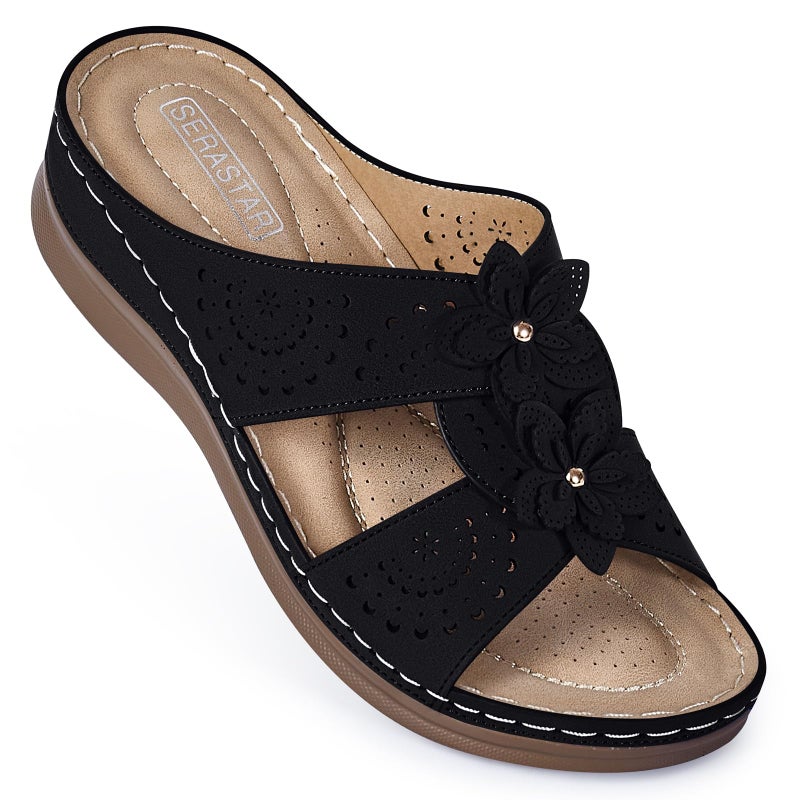 SERASTAR Dressy Flat Sandals for Women - Black Arch Support Comfortable Walking Slip on Summer Casual Beach Wide Width Flower Cute Womens flats Slide Sandal Outdoor Shoes Size 8 - Image 5