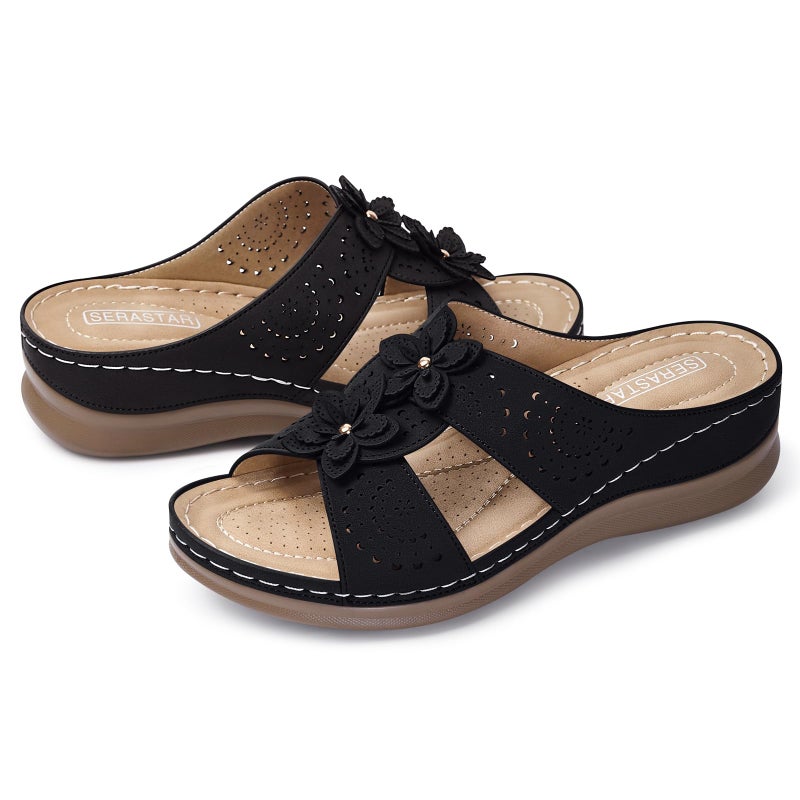 SERASTAR Dressy Flat Sandals for Women - Black Arch Support Comfortable Walking Slip on Summer Casual Beach Wide Width Flower Cute Womens flats Slide Sandal Outdoor Shoes Size 8 - Image 3