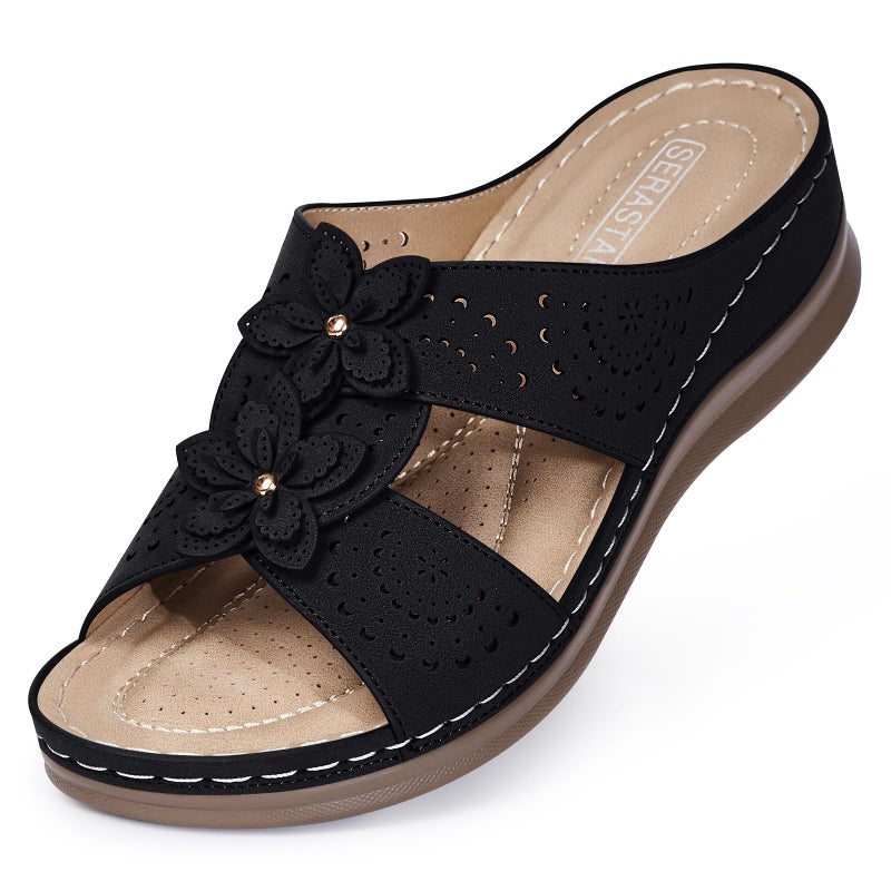 SERASTAR Dressy Flat Sandals for Women - Black Arch Support Comfortable Walking Slip on Summer Casual Beach Wide Width Flower Cute Womens flats Slide Sandal Outdoor Shoes Size 8 - Image 1