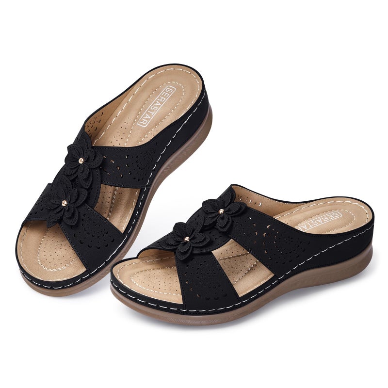 SERASTAR Dressy Flat Sandals for Women - Black Arch Support Comfortable Walking Slip on Summer Casual Beach Wide Width Flower Cute Womens flats Slide Sandal Outdoor Shoes Size 8 - Image 4
