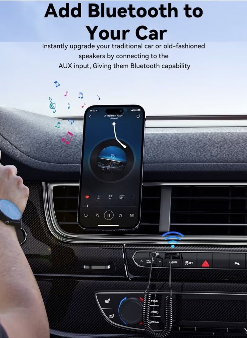 ESSAGER Bluetooth 5.3 AUX Audio Receiver, USB Powered Wireless Adapter with 3.5mm Coiled Cable, Auto Reconnect for Car Stereo, Speaker and Home Audio System, Black - Image 2