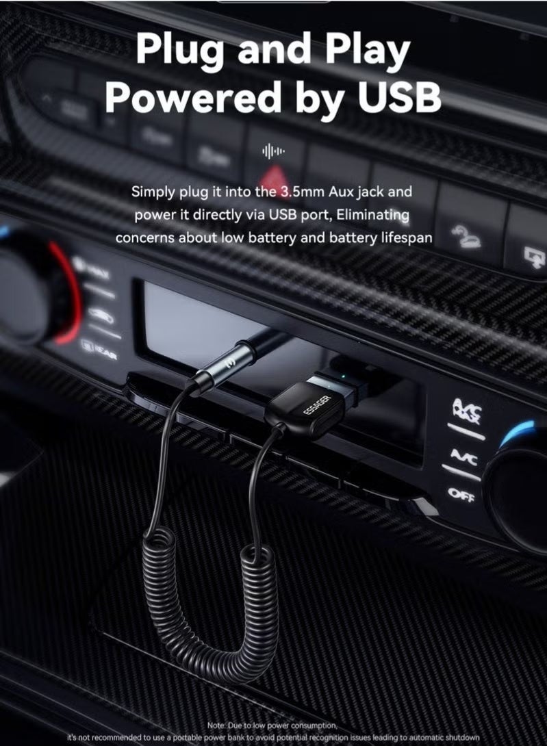 ESSAGER Bluetooth 5.3 AUX Audio Receiver, USB Powered Wireless Adapter with 3.5mm Coiled Cable, Auto Reconnect for Car Stereo, Speaker and Home Audio System, Black - Image 4