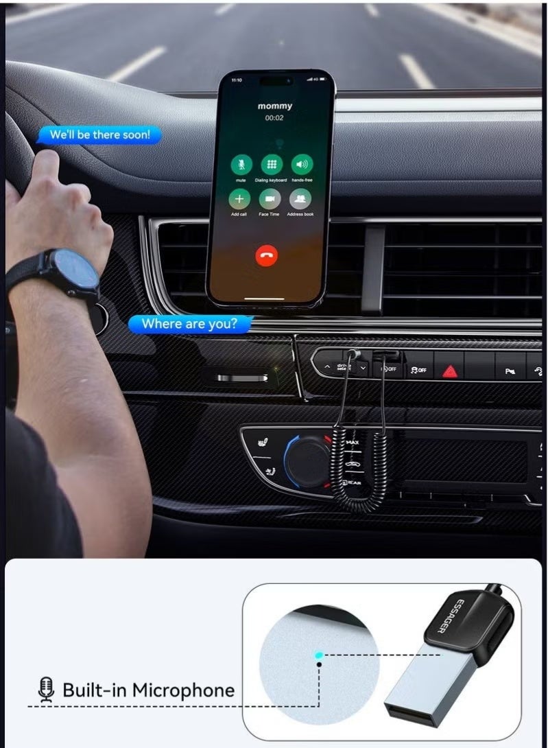 ESSAGER Bluetooth 5.3 AUX Audio Receiver, USB Powered Wireless Adapter with 3.5mm Coiled Cable, Auto Reconnect for Car Stereo, Speaker and Home Audio System, Black - Image 3