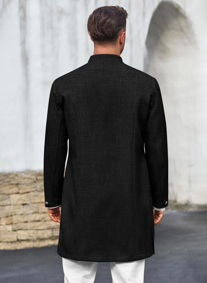 Runcati Mens Kurta Coats Indian Mandarin Collar Attire Ethnic Outfits Wedding Festive Party Clothing Casual Kaftan Robe, Black, XL - Image 3