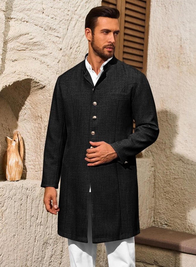 Runcati Mens Kurta Coats Indian Mandarin Collar Attire Ethnic Outfits Wedding Festive Party Clothing Casual Kaftan Robe, Black, XL - Image 2