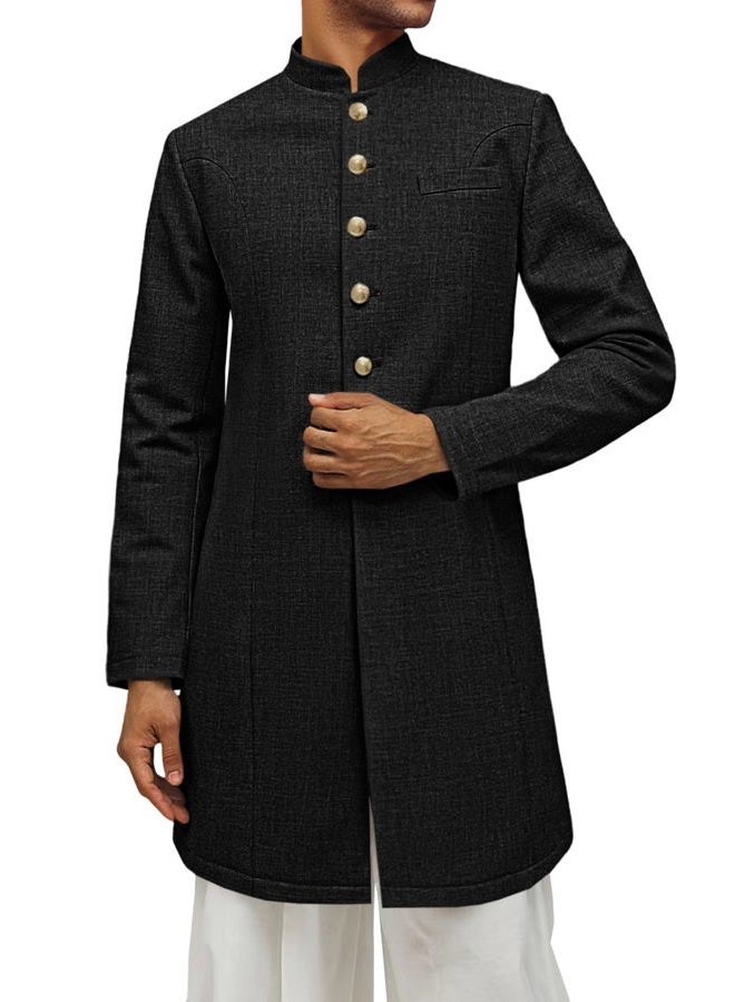 Runcati Mens Kurta Coats Indian Mandarin Collar Attire Ethnic Outfits Wedding Festive Party Clothing Casual Kaftan Robe, Black, XL - Image 1