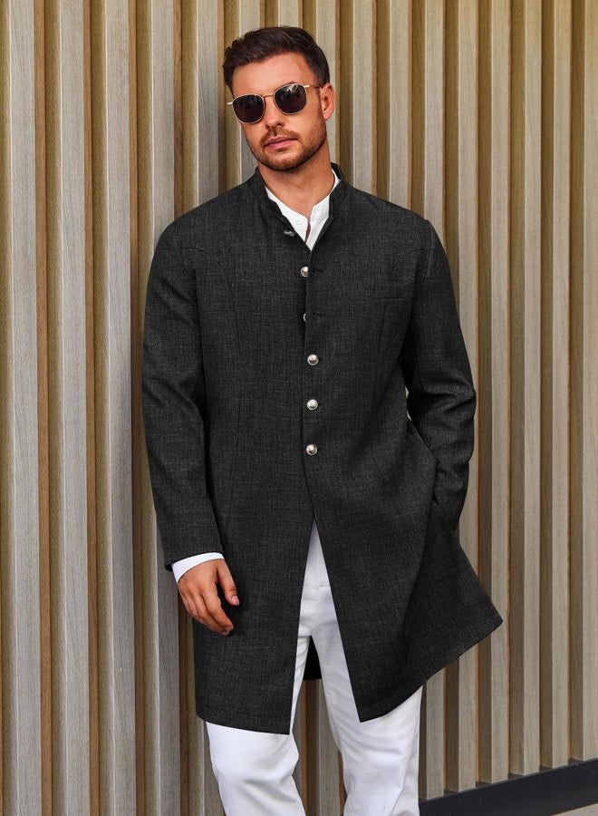 Runcati Mens Kurta Coats Indian Mandarin Collar Attire Ethnic Outfits Wedding Festive Party Clothing Casual Kaftan Robe, Black, XL - Image 4