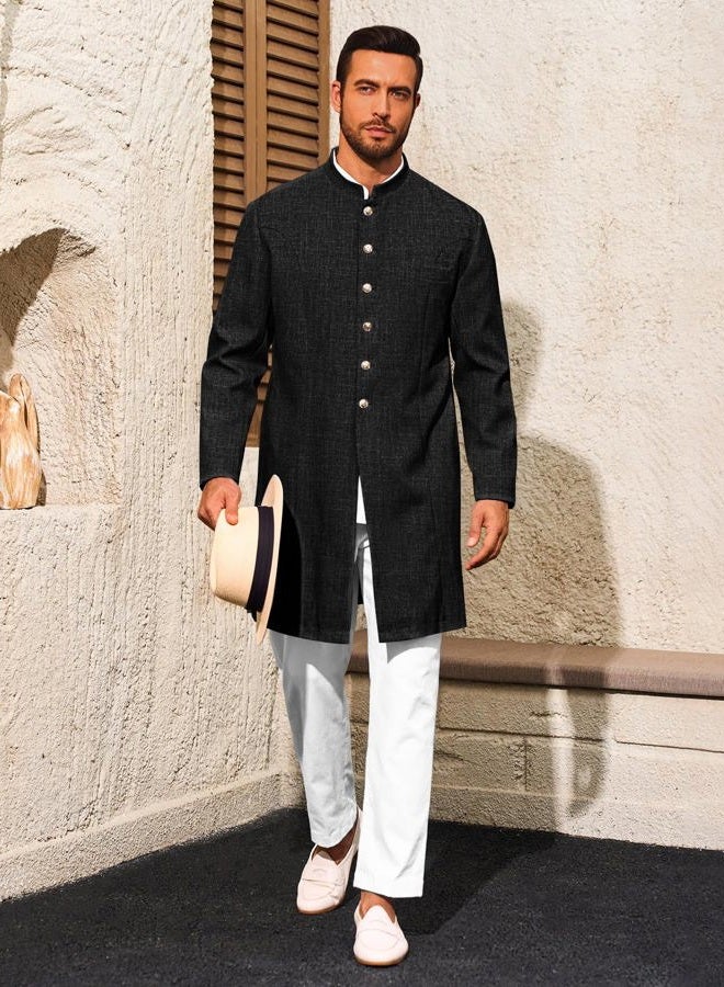 Runcati Mens Kurta Coats Indian Mandarin Collar Attire Ethnic Outfits Wedding Festive Party Clothing Casual Kaftan Robe, Black, XL - Image 5