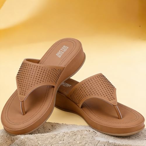 DOCTOR EXTRA SOFT Women's Fashionable Stylish Orthopedic Memory Foam Thong Slippers/Flip Flops|Comfortable & Lightweight|Breathable & Anti-Slip| Casual Slip-on Sandals for Ladies/GirlsD-626 Tan 7UK - Image 2