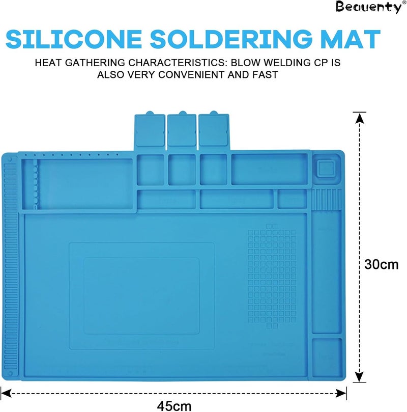 بيوينتي حصيرة لحام من السيليكون، وسادة عزل حراري مضادة للكهرباء الساكنة مع منطقة مغناطيسية ومسطرة مقياس، حصيرة إصلاح متعددة الوظائف لطاولة العمل للإلكترونيات والهواتف الذكية وأجهزة الكمبيوتر المحمولة والساعات (45 × 30 سم) - Image 2