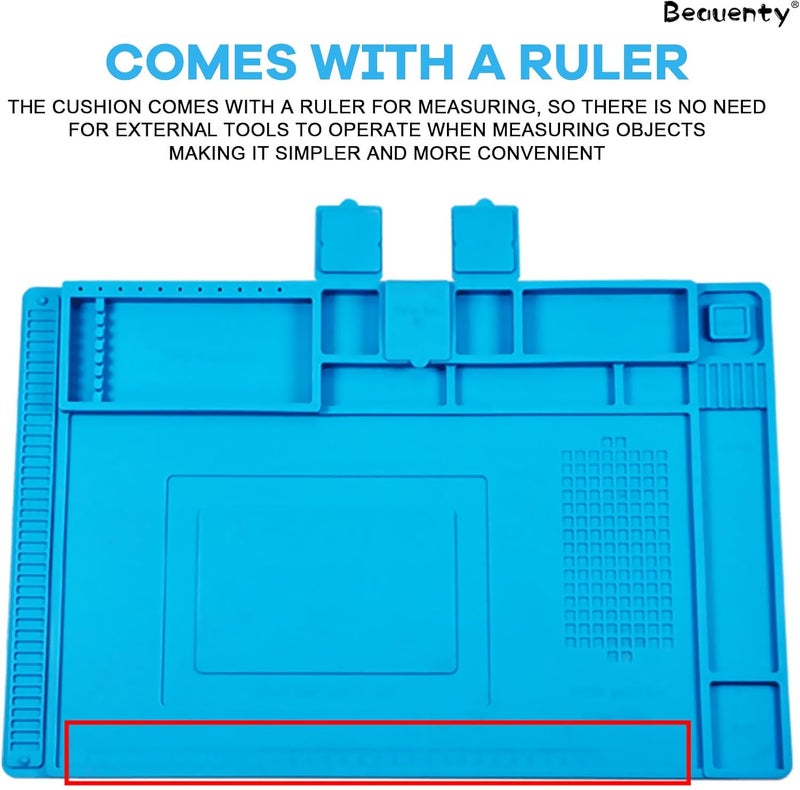 بيوينتي حصيرة لحام من السيليكون، وسادة عزل حراري مضادة للكهرباء الساكنة مع منطقة مغناطيسية ومسطرة مقياس، حصيرة إصلاح متعددة الوظائف لطاولة العمل للإلكترونيات والهواتف الذكية وأجهزة الكمبيوتر المحمولة والساعات (45 × 30 سم) - Image 4