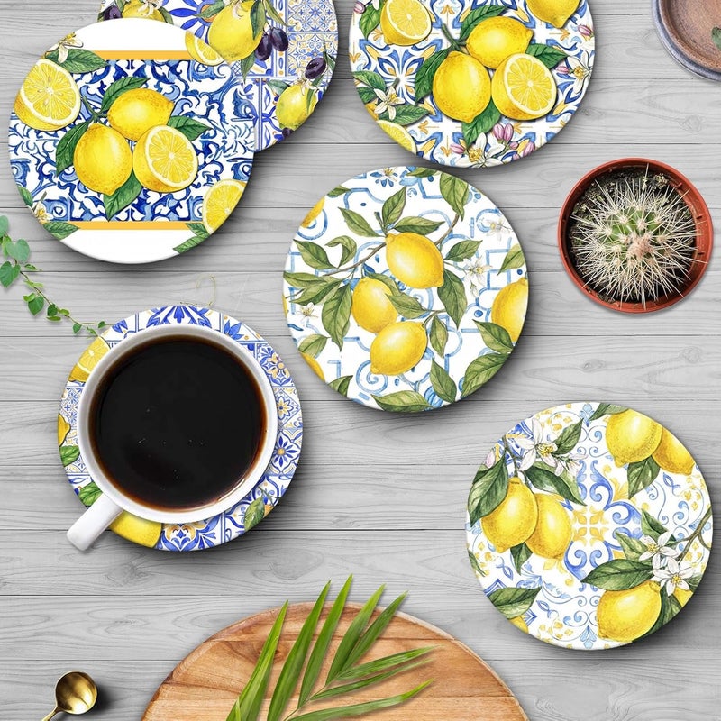 Bribay Coasters for Drinks Set of 6, Yellow Lemon Fruit Blue Ceramic Pattern Absorbent Round Ceramic Stone Mat, with Cork Base and Metal Holder, Gift for Housewarming Room Bar Decor - Image 4
