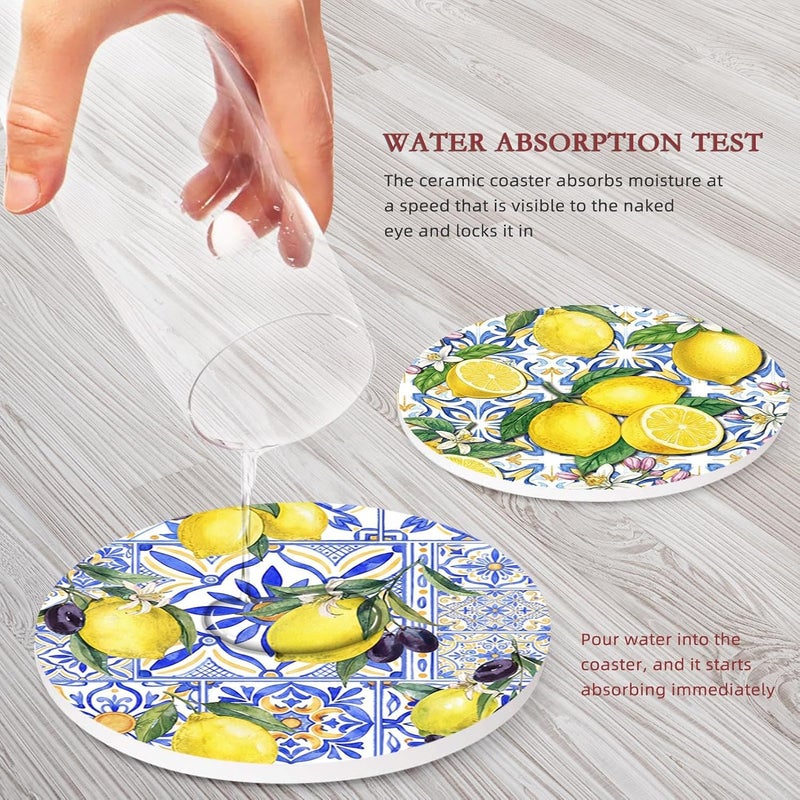 Bribay Coasters for Drinks Set of 6, Yellow Lemon Fruit Blue Ceramic Pattern Absorbent Round Ceramic Stone Mat, with Cork Base and Metal Holder, Gift for Housewarming Room Bar Decor - Image 3