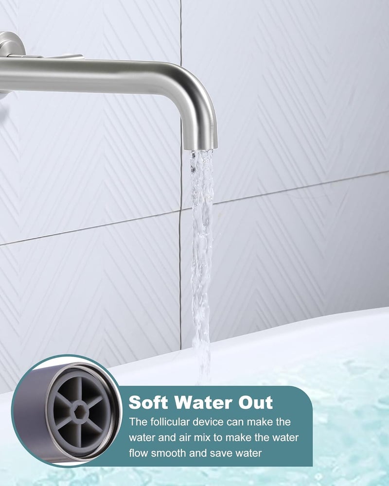 WOWOW Wall Mount Tub Filler: Brushed Nickel Tub Faucet High Flow Two Handles Solid Brass, Long Spout Reach,Tub Faucet Bathroom Bathtub Faucets with 2 Handles with Brass Rough in Valve Included - Image 4